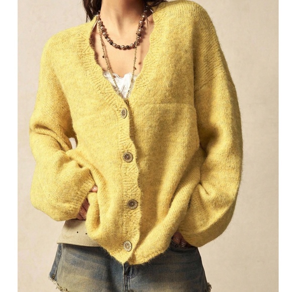 Solid Yellow Knit Button Down Oversized Cardigan - Picture 3 of 5